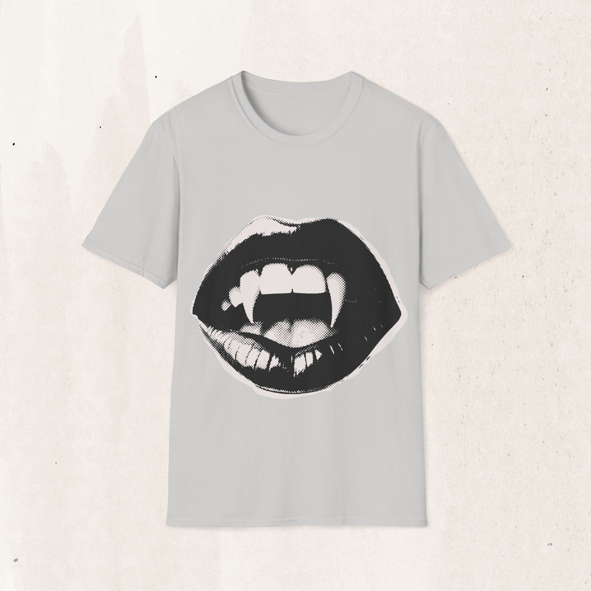 Vampire Fangs Graphic Tee – Gothic Lips & Fangs Shirt – Ice Grey