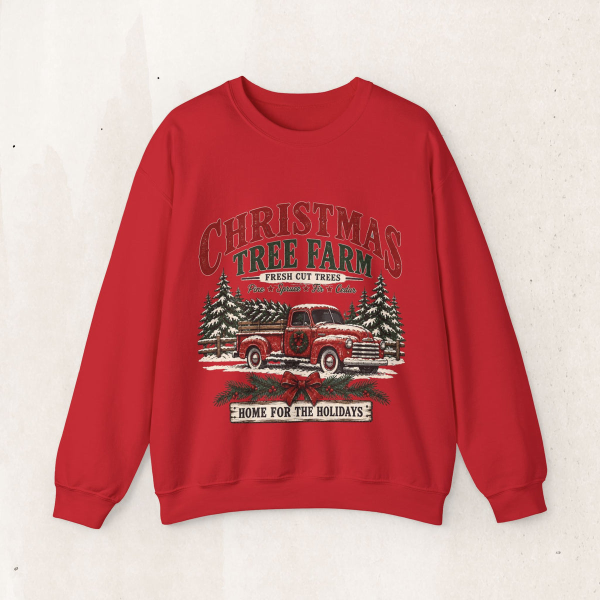 Christmas Tree Farm Home for the Holidays Sweatshirt, Vintage Red Truck Christmas Crewneck