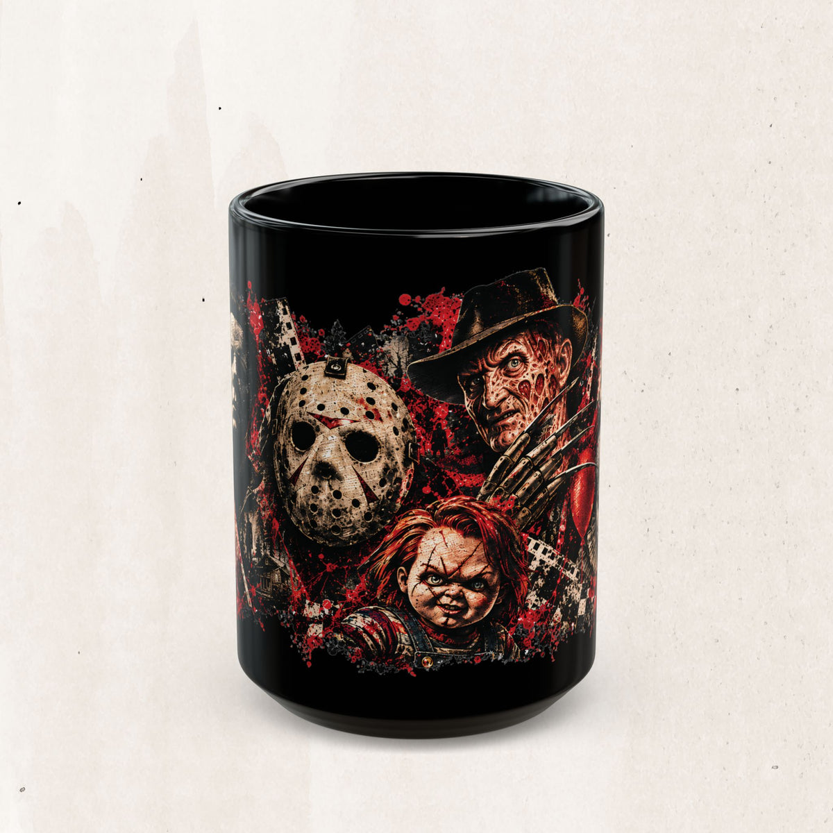 Horror Icons Black Coffee Mug — Classic Slasher & Killer Doll Design (11oz/15oz)