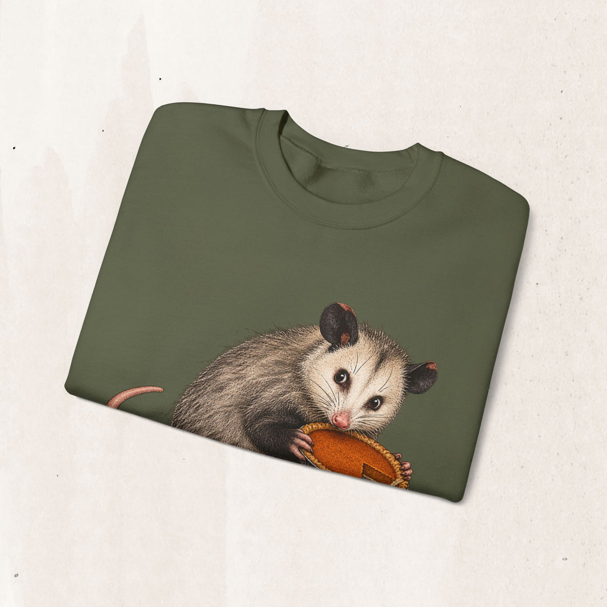 Opossum Thanksgiving sweatshirt with a cute possum hugging an orange pumpkin in autumn leaves