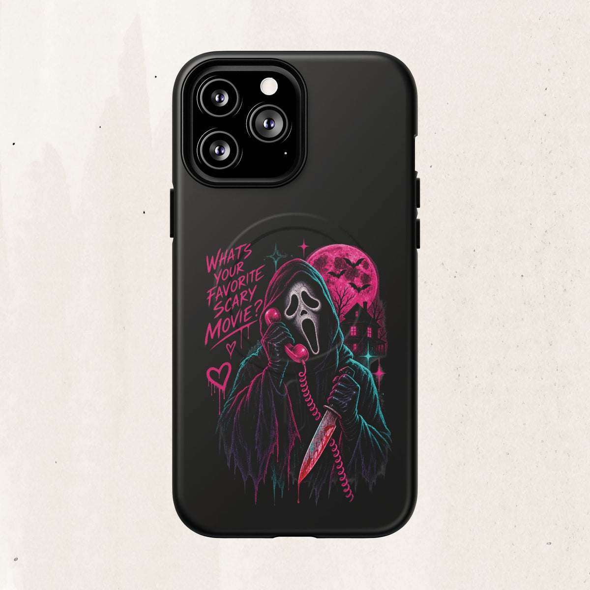 Magnetic Phone Case — Neon 'What's Your Favorite Scary Movie?' Horror Design