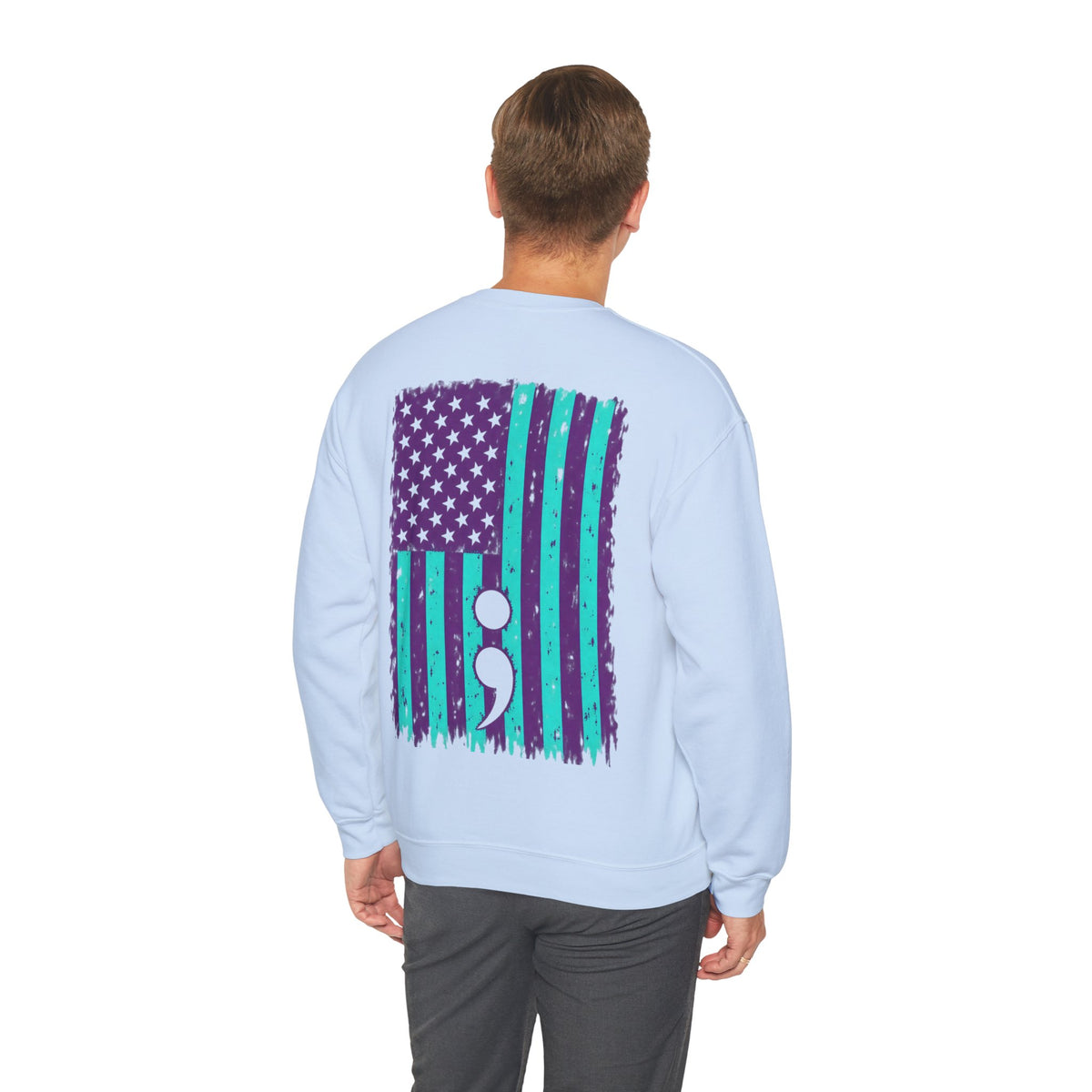 Purple and teal flag semicolon suicide awareness crewneck sweatshirt in light blue