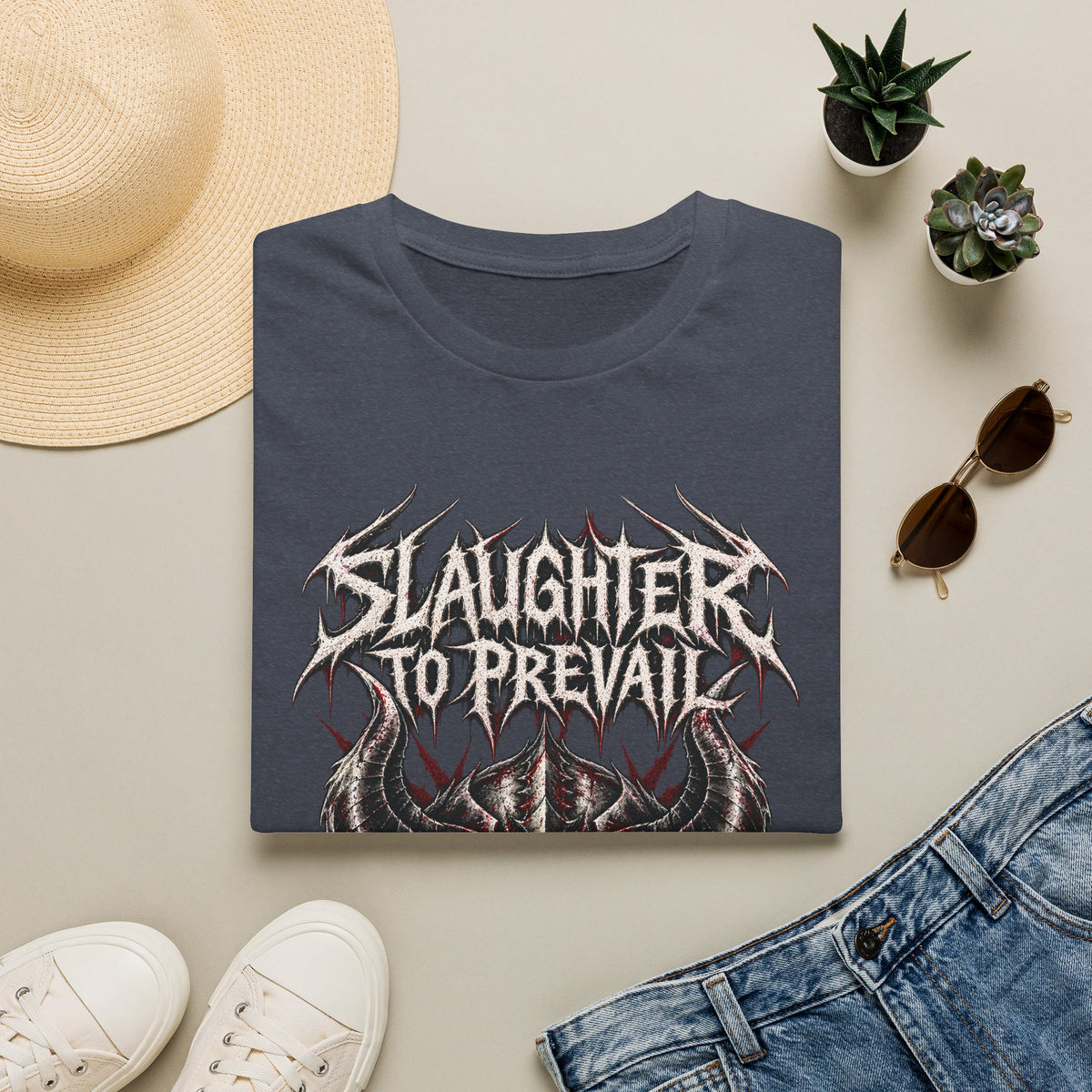 Slaughter To Prevail Distressed Band Tee – Horned Skull Metal Shirt – Heather Navy