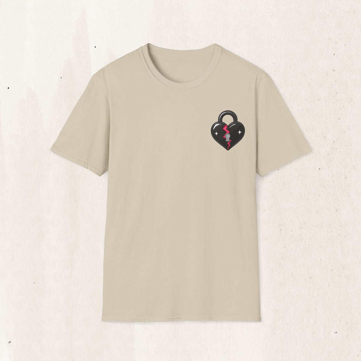 Broken Heart Lock Graphic Tee – Minimal Padlock Shirt – Sand