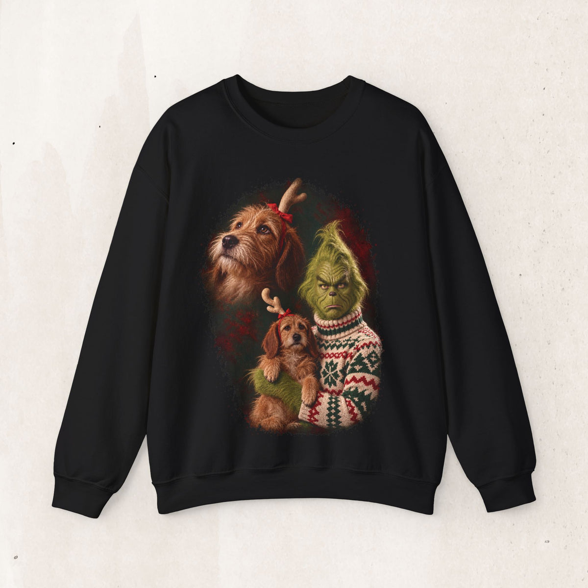 Grinch and Max 80s glamour shot Christmas sweatshirt by Wicked Thread Society