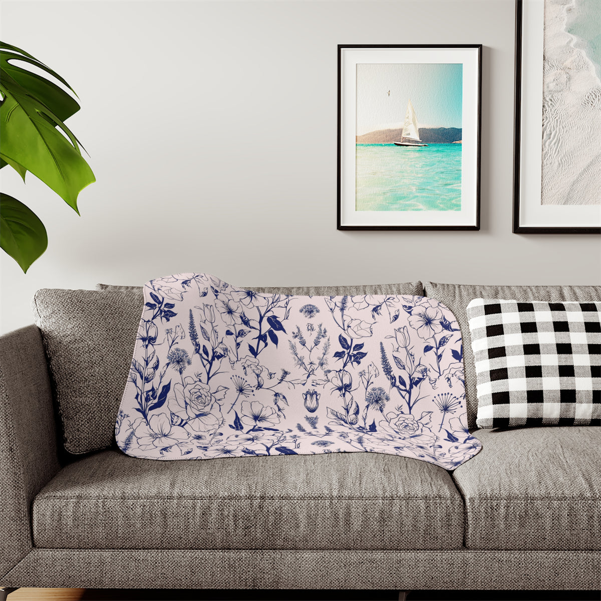 Navy Botanical Sherpa Blanket
