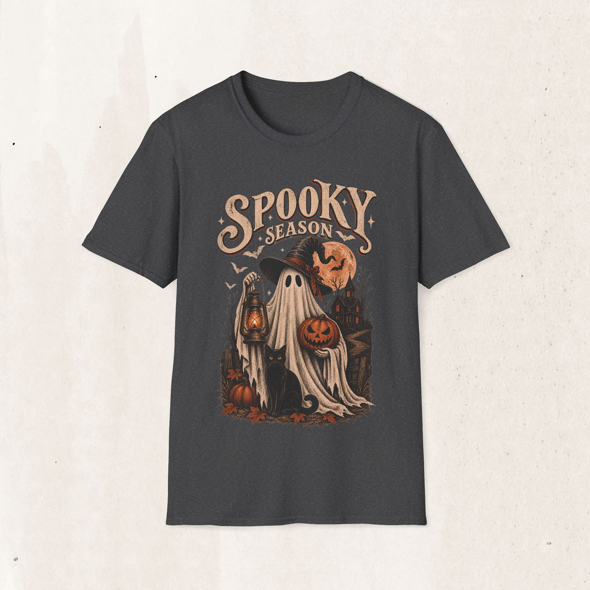 Spooky Season Graphic Tee – Vintage Ghost & Witch Hat Shirt – Dark Heather