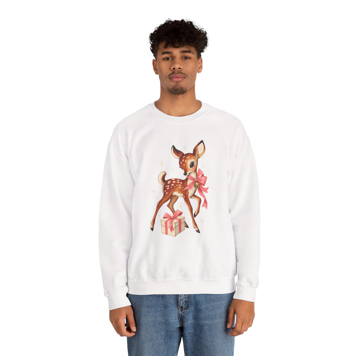 Christmas fawn with gifts woodland crewneck sweatshirt