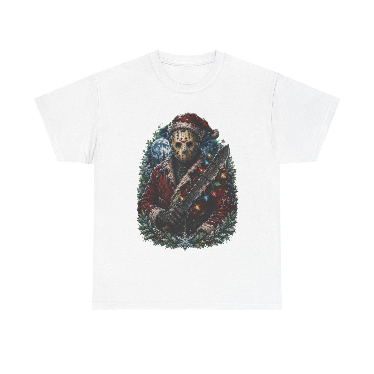 Horror Christmas Tee — Jason Holiday Killer Mask with Festive Machete