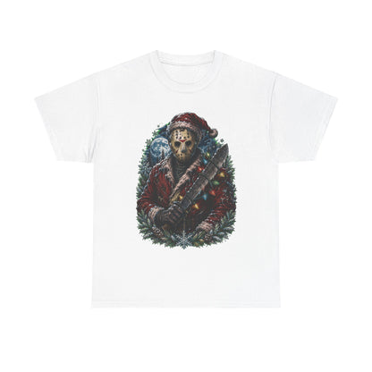 Horror Christmas Tee — Jason Holiday Killer Mask with Festive Machete