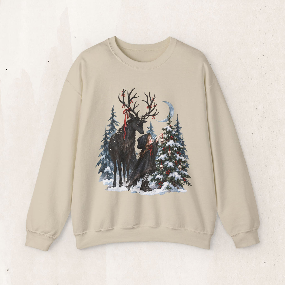 Winter Forest Deer and Moon Sweatshirt, Moonlit Stag Crewneck