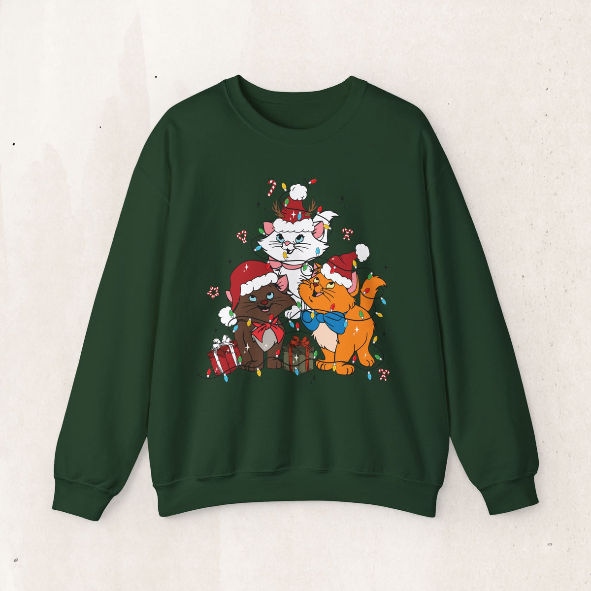Festive Cartoon Friends Christmas Crewneck Sweatshirt – Forest Green