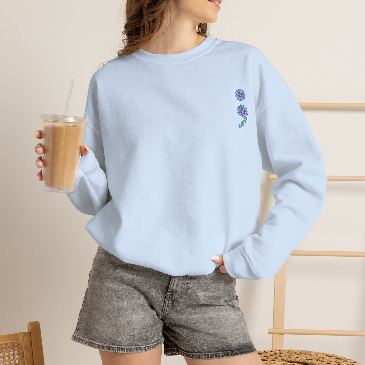 Purple and teal flag semicolon suicide awareness crewneck sweatshirt in light blue