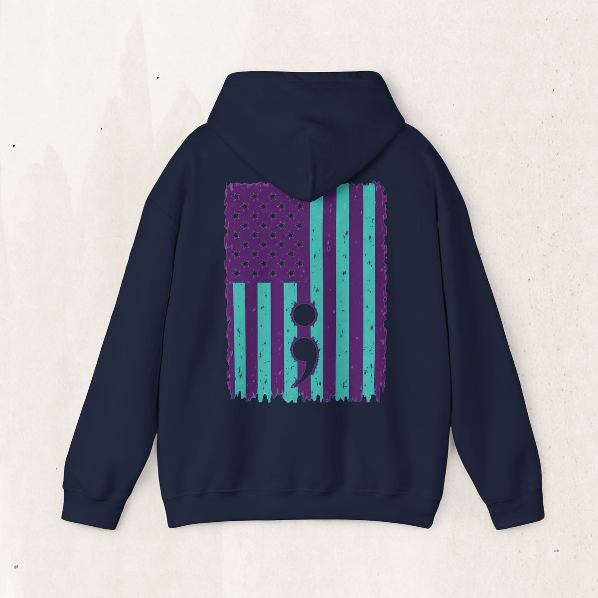 Purple and teal flag semicolon suicide awareness pullover hoodie in navy