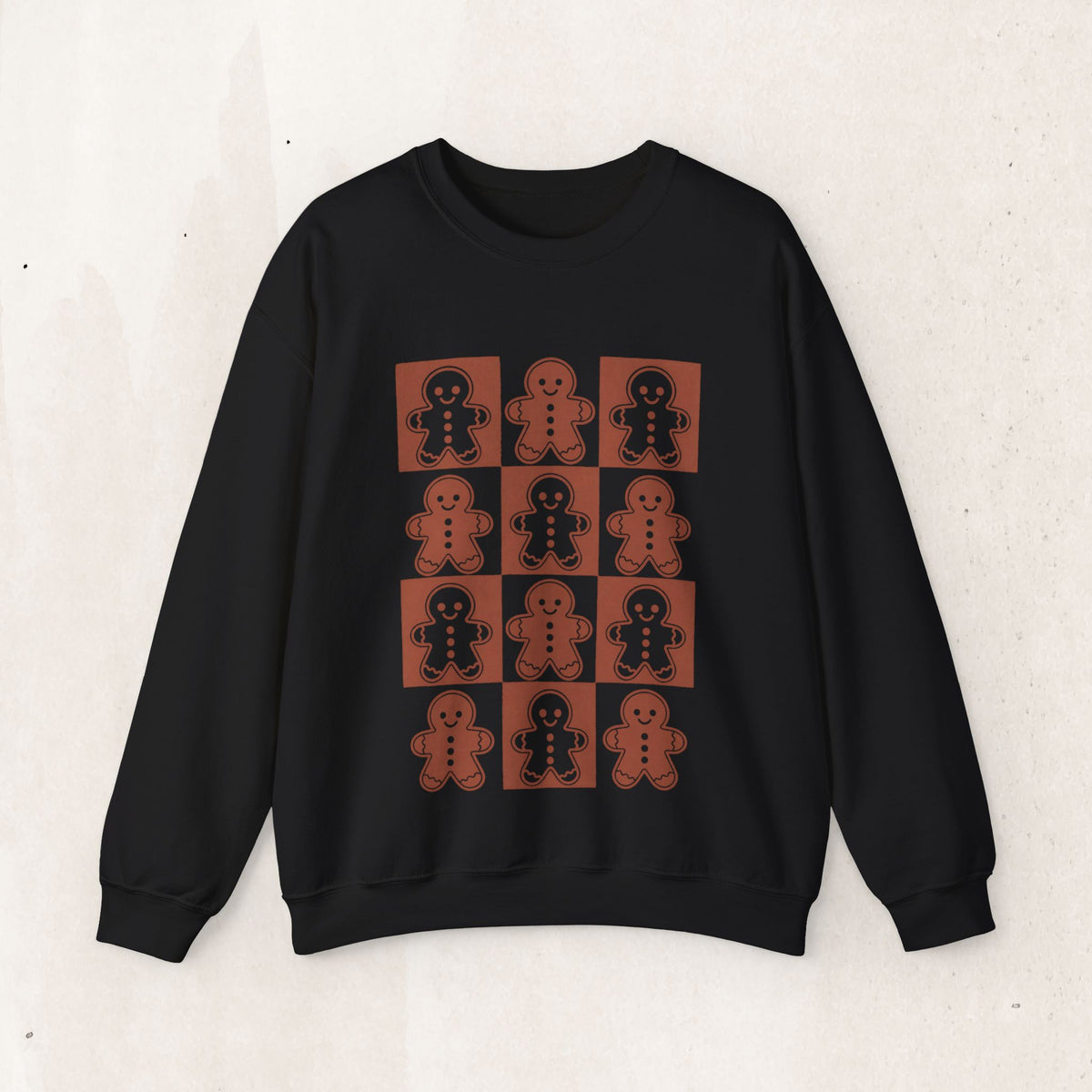 Gingerbread Christmas sweatshirt with a vintage grid of gingerbread cookie people