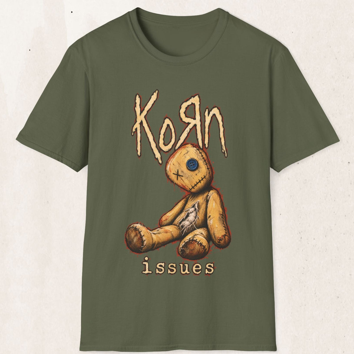 KoRn Graphic Tee – Distressed 90s Band Shirt – Military Green