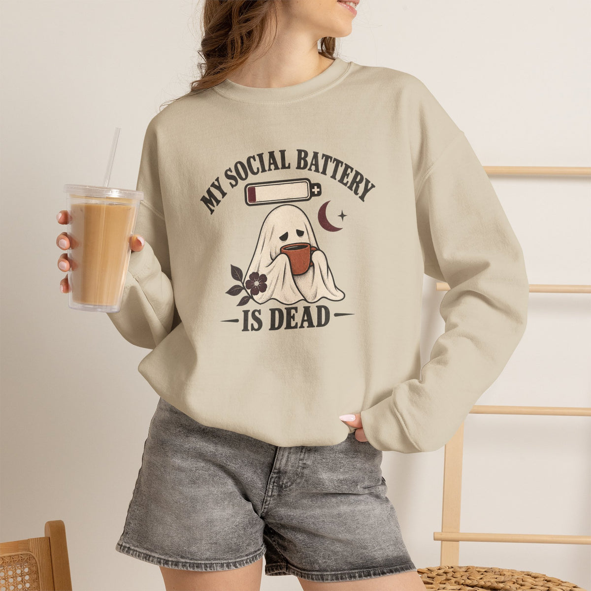 Cute Ghost "My Social Battery Is Dead" Crewneck Sweatshirt