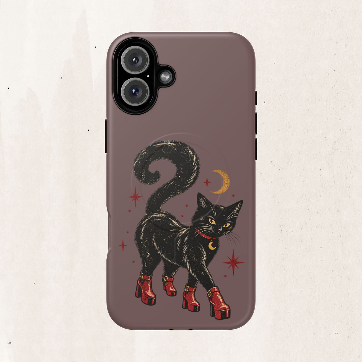 Magnetic Phone Case — Black Cat in Red Boots Design