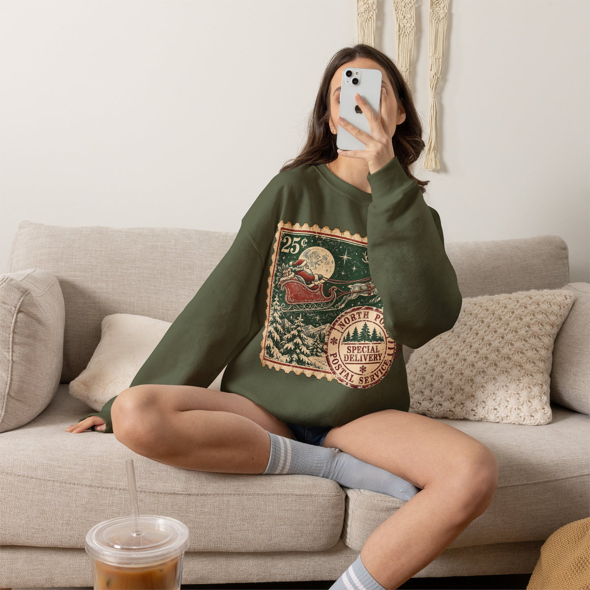 Vintage North Pole Christmas Santa Sweatshirt, Retro Santa Postage Stamp Crewneck
