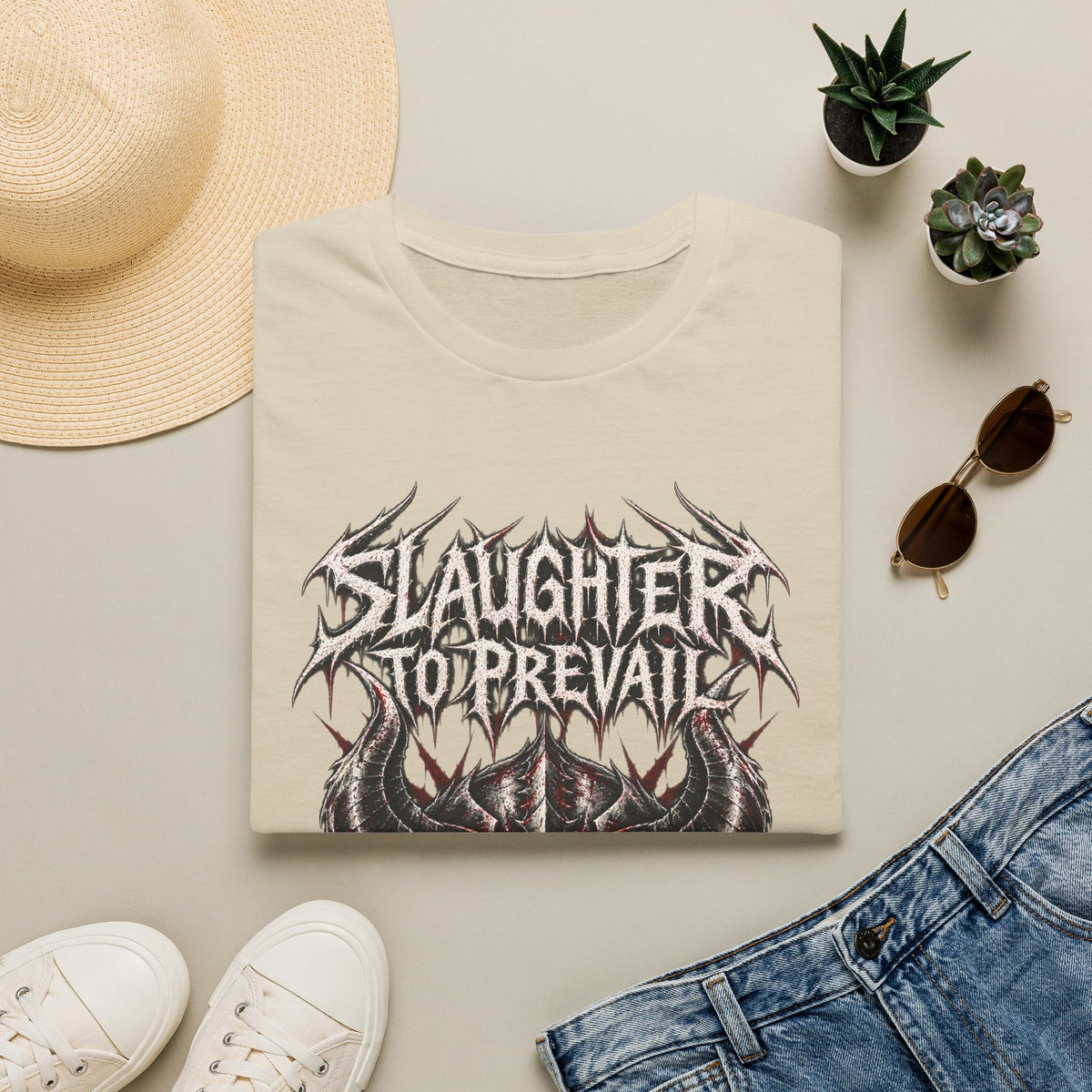 Slaughter To Prevail Distressed Band Tee – Horned Skull Metal Shirt – Sand