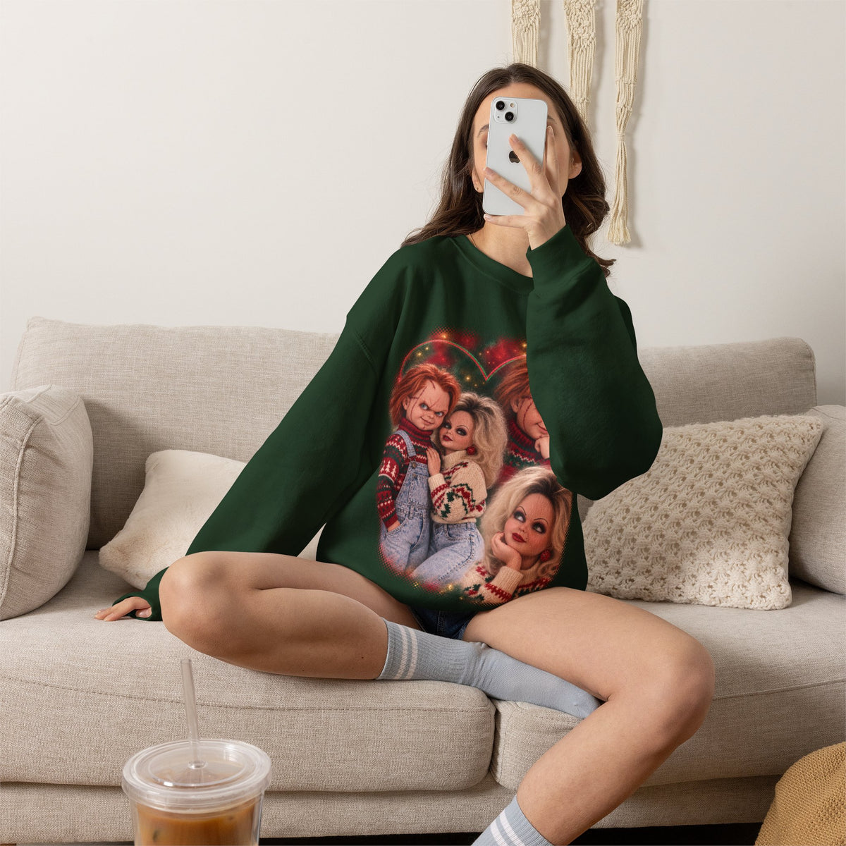 Chucky and Tiffany 80s glamour portrait horror Christmas sweatshirt