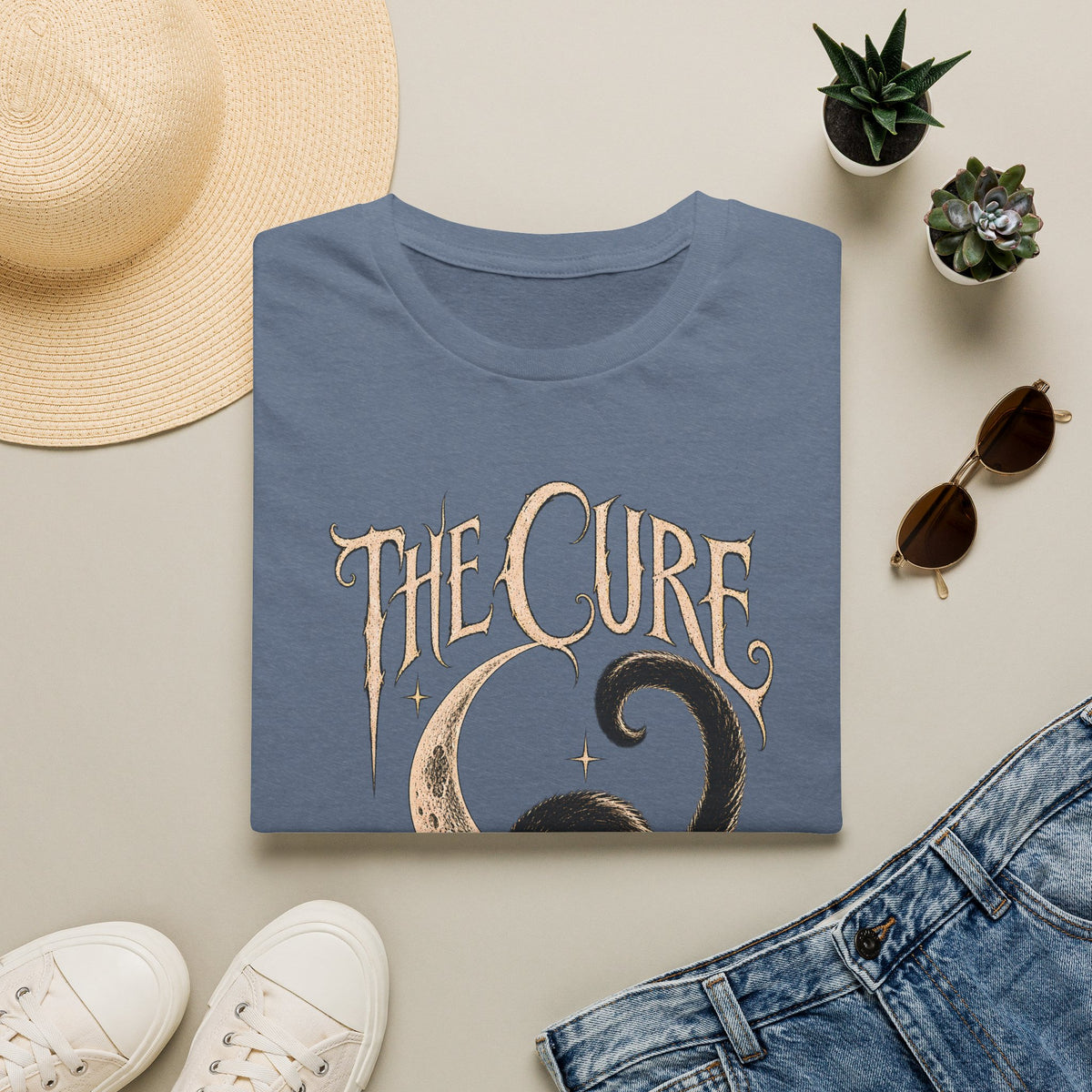 The Cure Graphic Tee – Vintage Black Cat Band Shirt – Heather Indigo