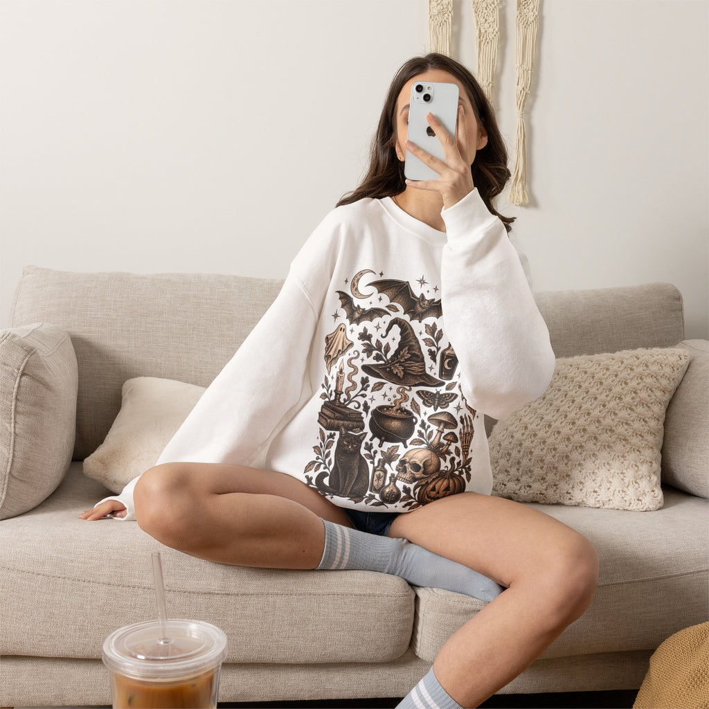 Spooky Witch, Cauldron & Pumpkin Graphic Sweatshirt