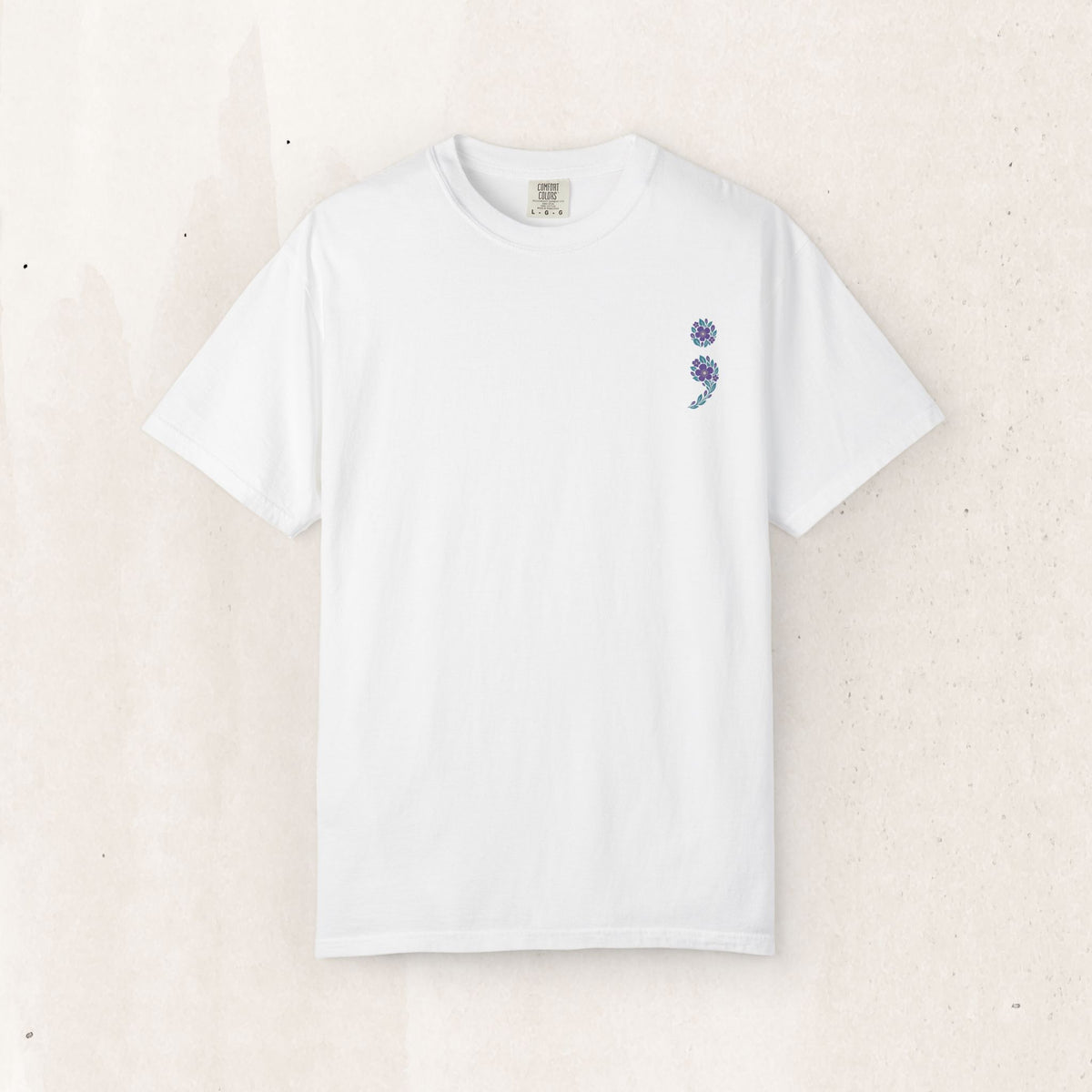 Purple and teal flag semicolon suicide awareness t-shirt in white