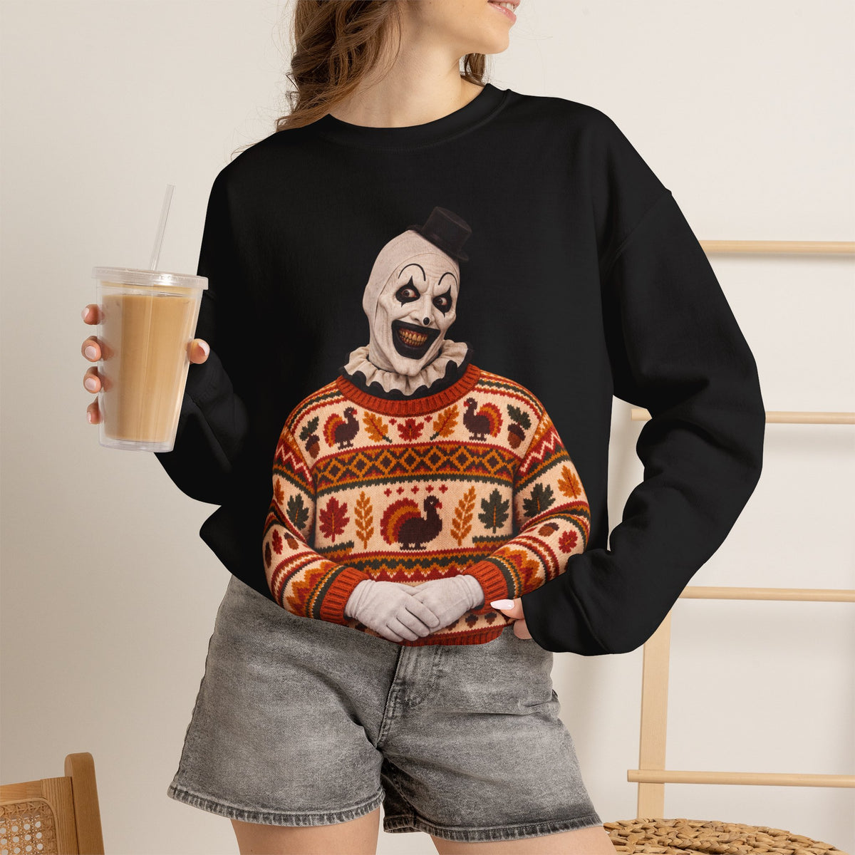 Art the Clown Thanksgiving horror crewneck sweatshirt in black
