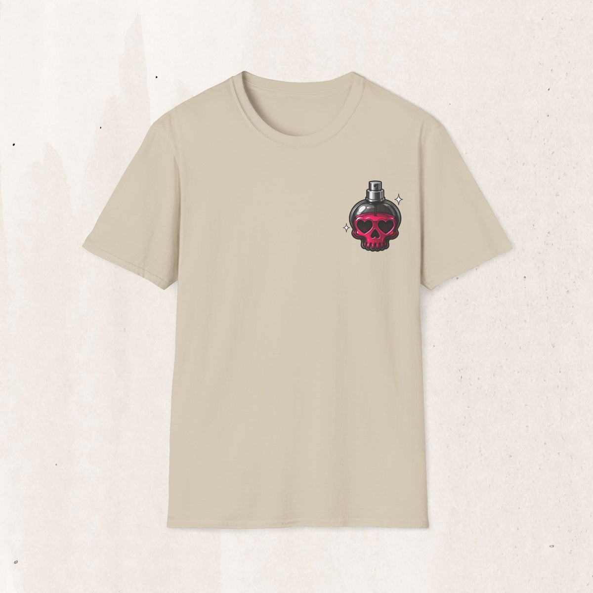 Skull Perfume Bottle Graphic Tee – Cute Goth Shirt – Sand