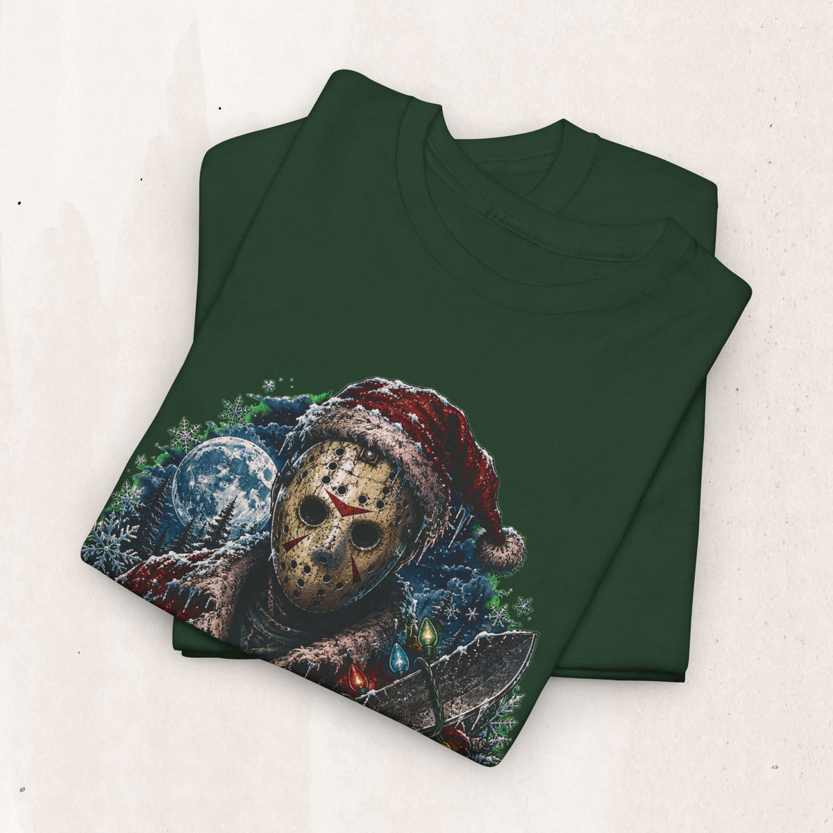 Horror Christmas Tee — Jason Holiday Killer Mask with Festive Machete