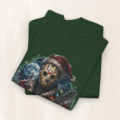 Horror Christmas Tee — Jason Holiday Killer Mask with Festive Machete