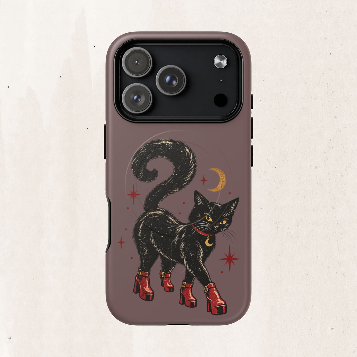 Magnetic Phone Case — Black Cat in Red Boots Design