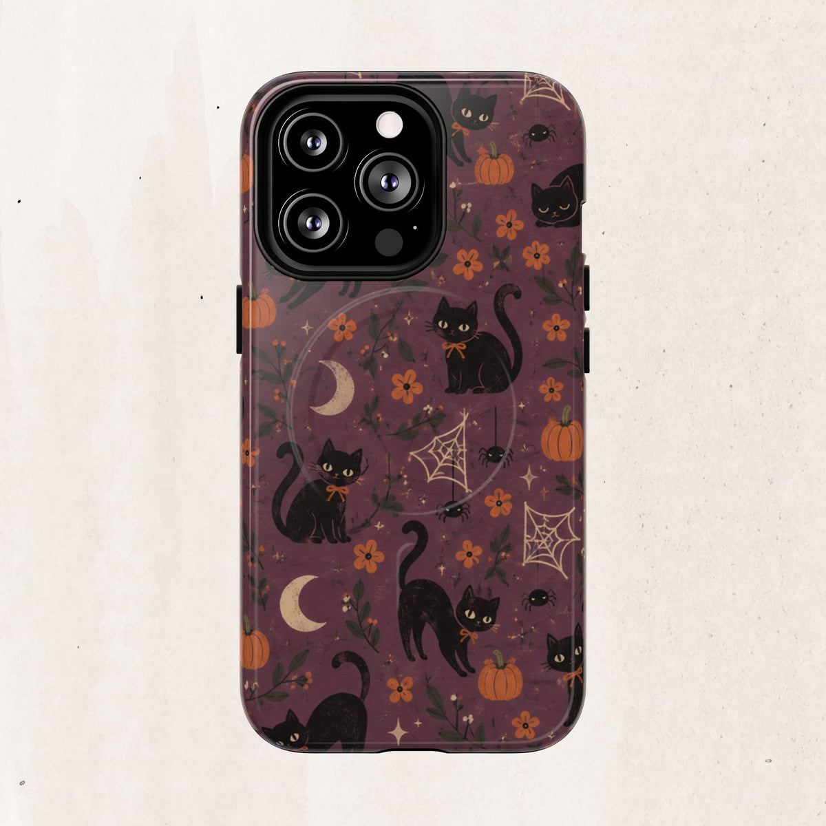 Halloween Black Cat Tough Magnetic Phone Case — Cute Spooky Pumpkins & Spiderwebs