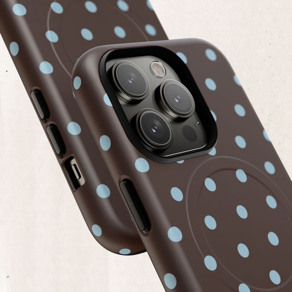 Polka Dot Magnetic Tough Phone Case — Brown with Light Blue Dots