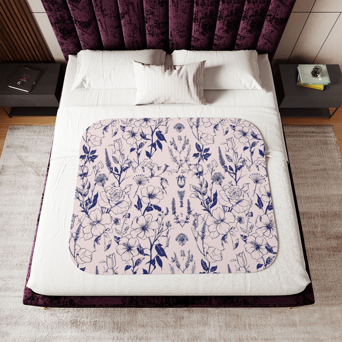 Navy Botanical Sherpa Blanket