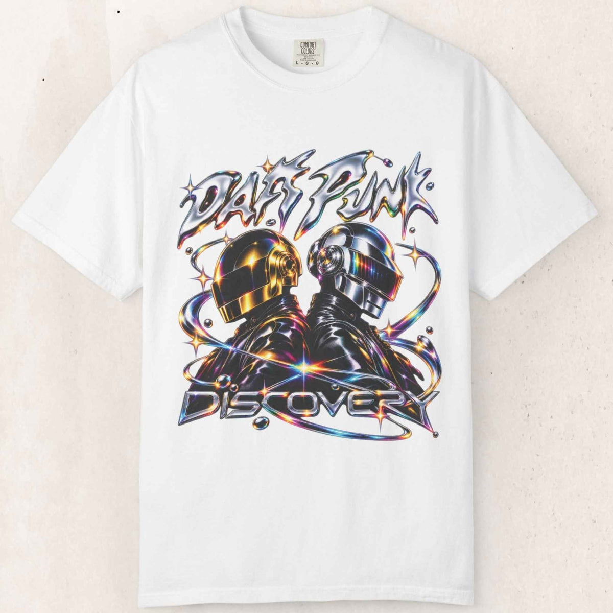 Daft Punk Helmet Graphic Tee – Retro Neon Streetwear Shirt – White