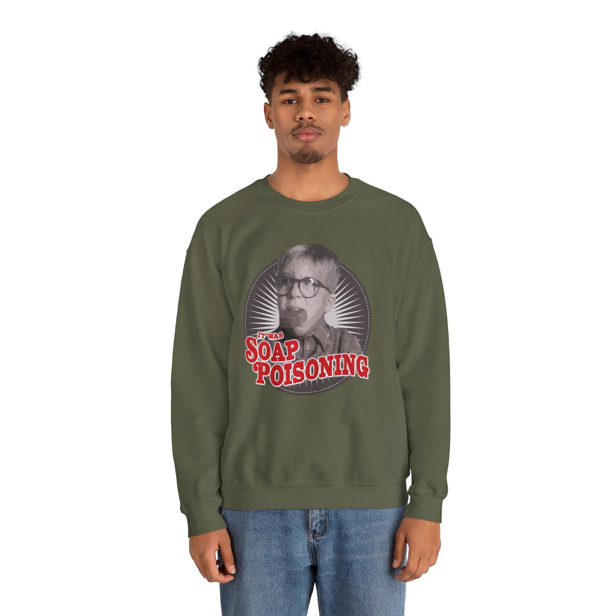 A Christmas Story Soap Poisoning Funny Crewneck Sweatshirt in Red, alternate view
