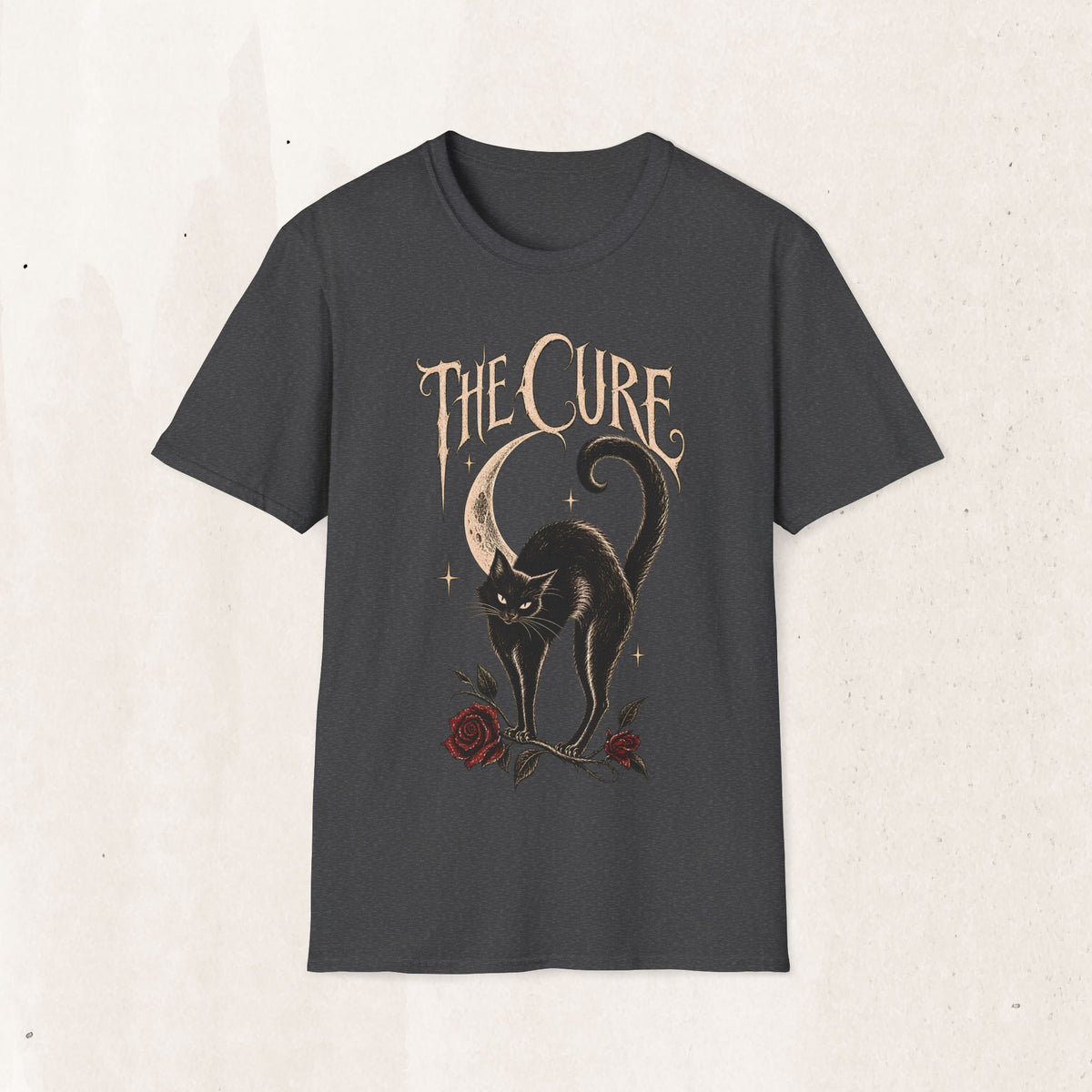 The Cure Graphic Tee – Vintage Black Cat Band Shirt – Dark Heather
