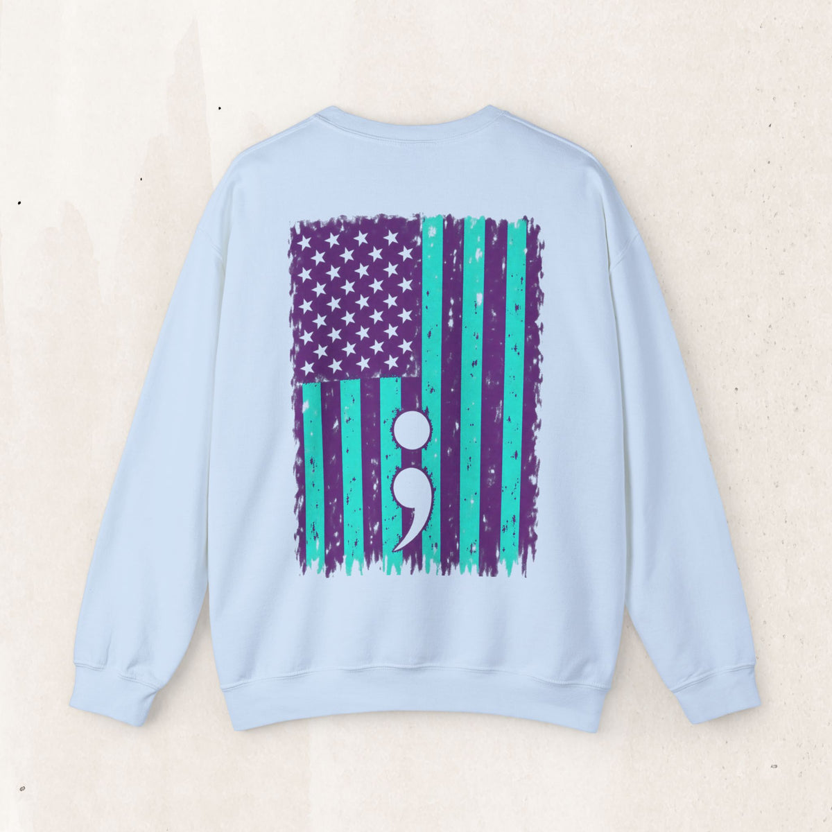 Purple and teal flag semicolon suicide awareness crewneck sweatshirt in light blue