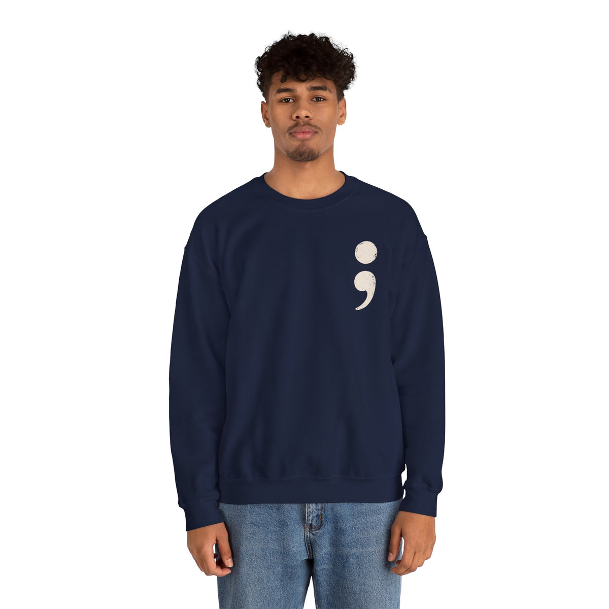 Minimalist semicolon suicide awareness crewneck sweatshirt in navy