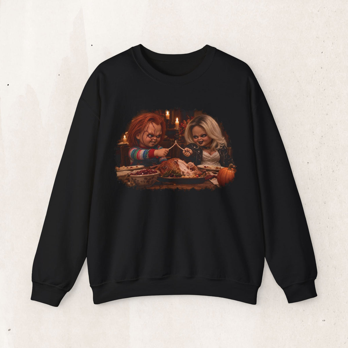 Chucky & Tiffany Thanksgiving wishbone sweatshirt in Black, front view