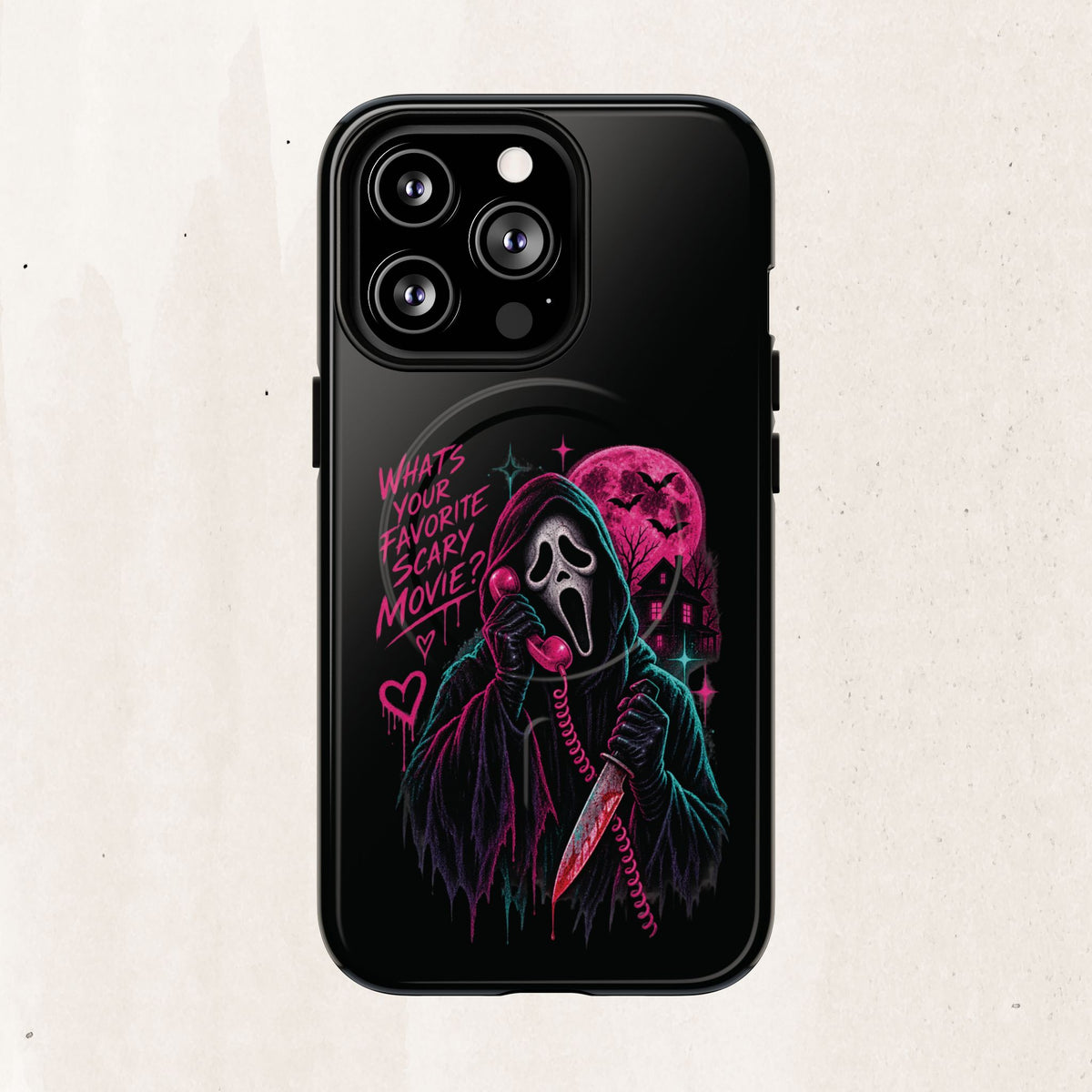 Magnetic Phone Case — Neon 'What's Your Favorite Scary Movie?' Horror Design