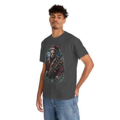 Horror Christmas Tee — Jason Holiday Killer Mask with Festive Machete