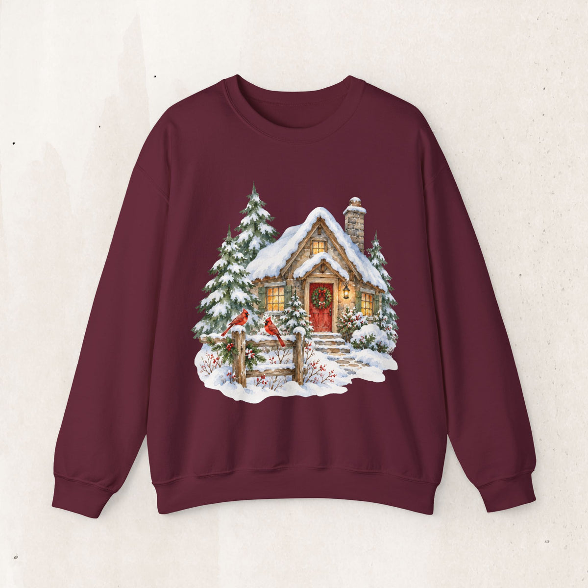 Cozy Christmas Cottage Sweatshirt, Snowy Winter Cabin Crewneck