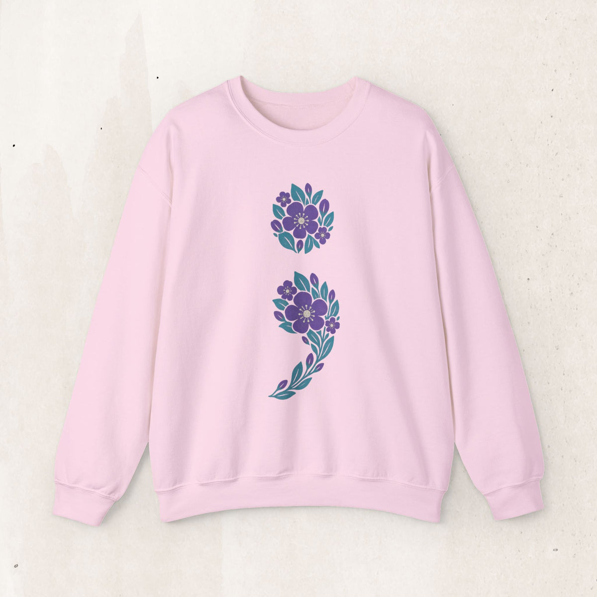 Floral semicolon suicide awareness crewneck sweatshirt in light pink