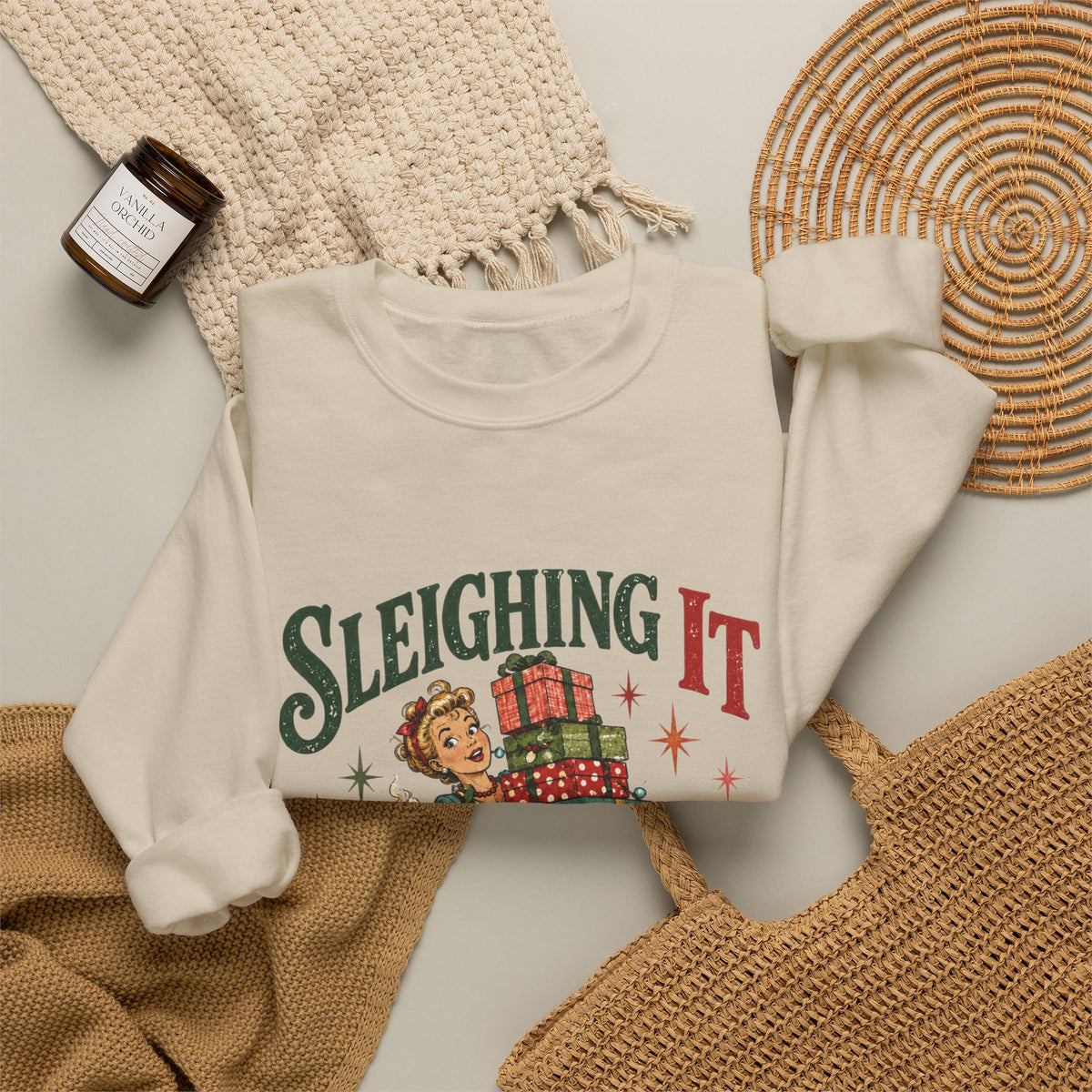 Sleighing It Christmas Crewneck Sweatshirt — Retro Holiday Gifts Design