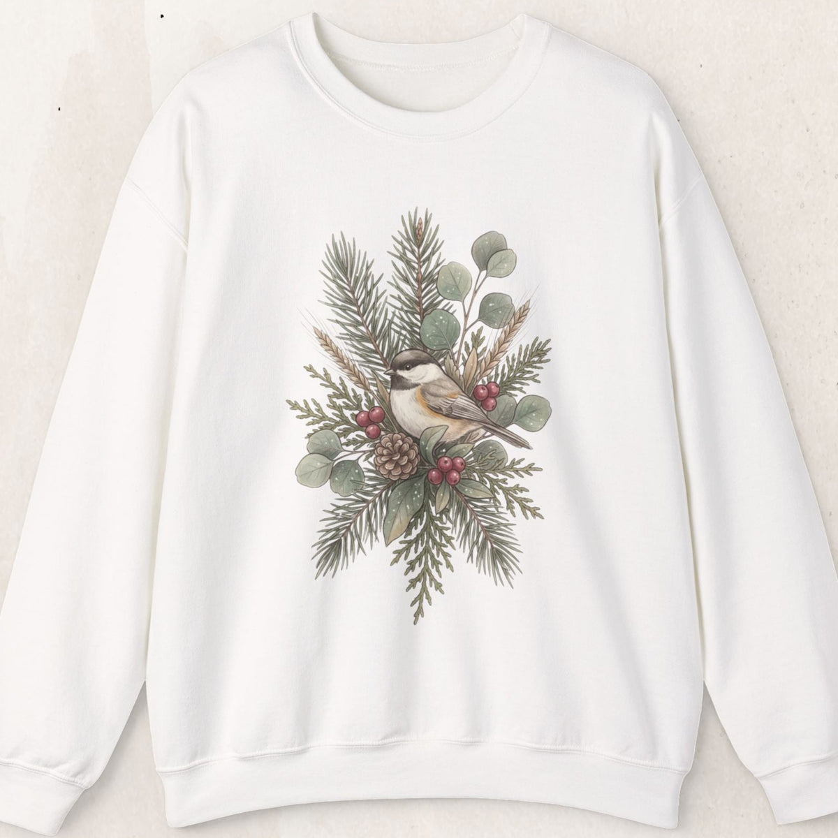 Botanical winter wreath Christmas crewneck sweatshirt by Wicked Thread Society