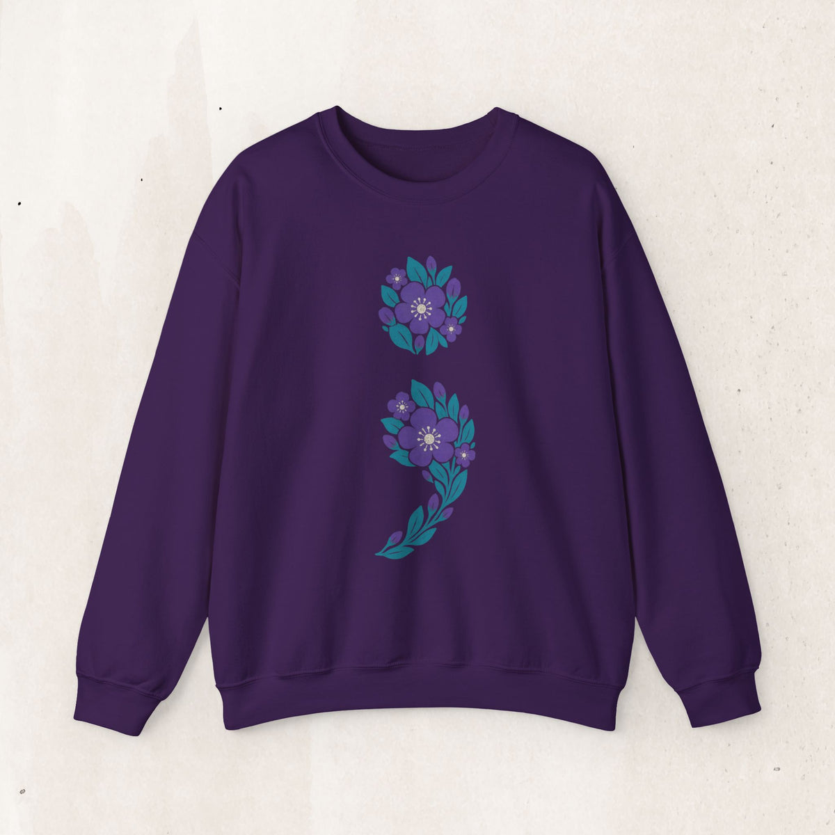 Floral semicolon suicide awareness crewneck sweatshirt in purple