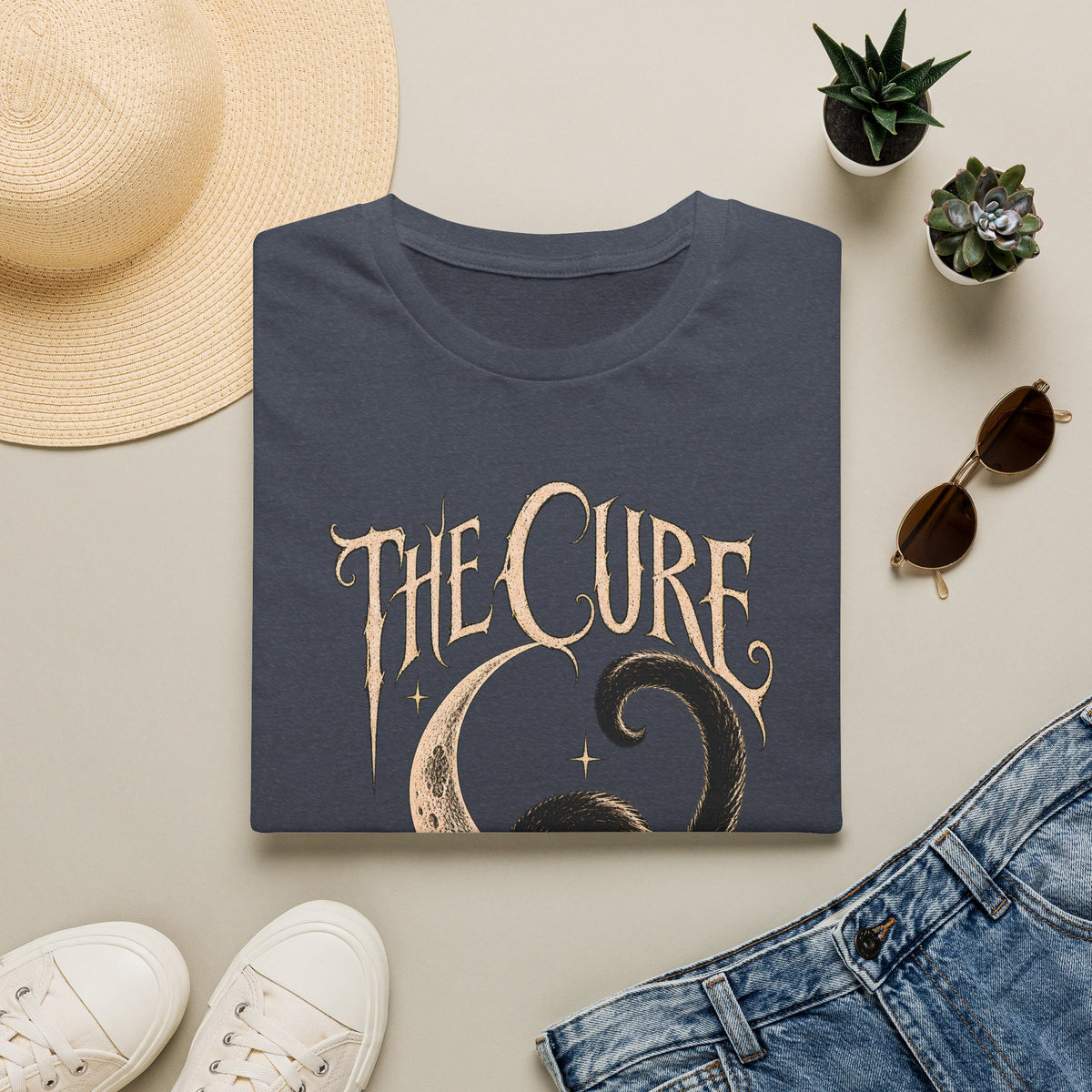 The Cure Graphic Tee – Vintage Black Cat Band Shirt – Heather Navy